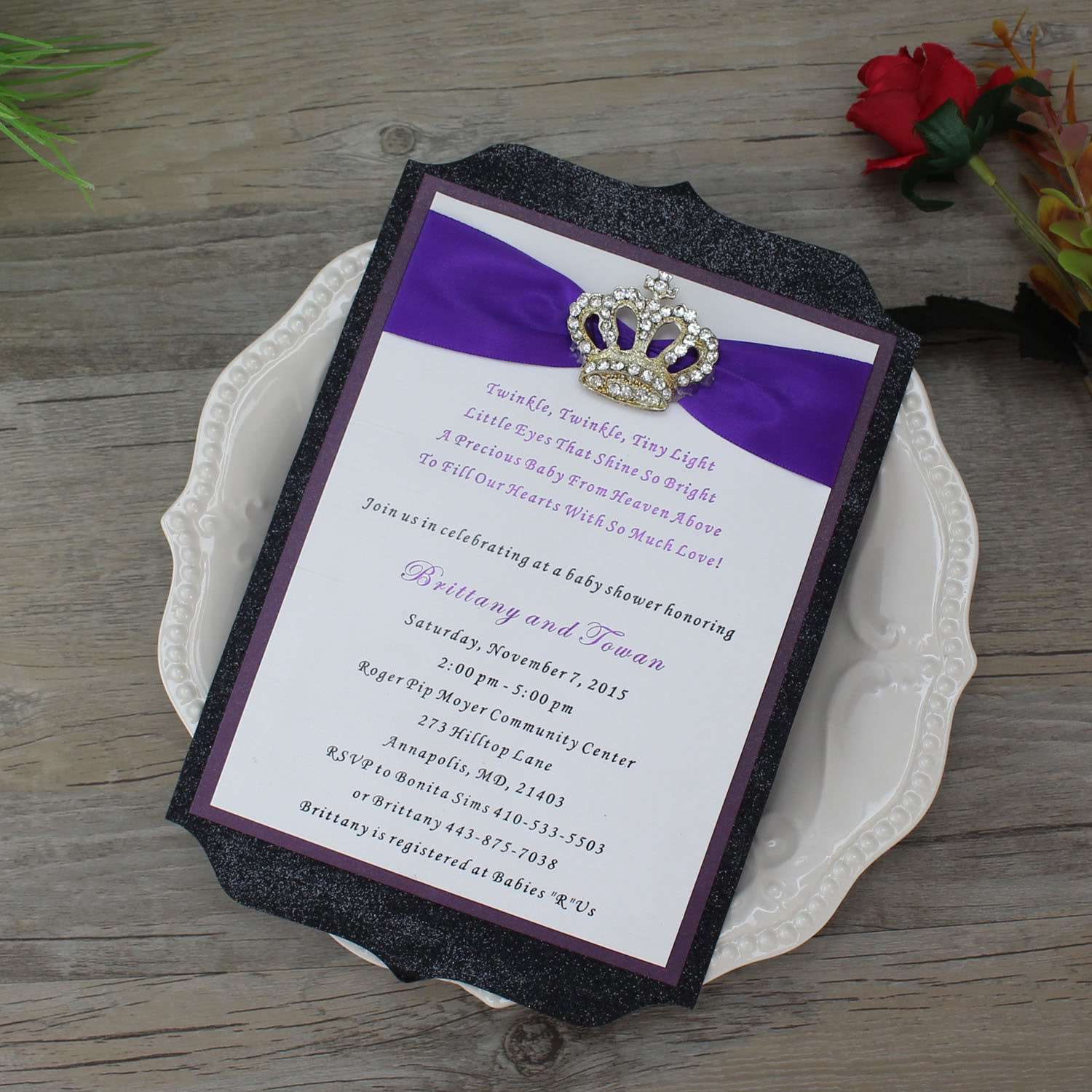 Royal Crown Glitter Black Wedding Invitation Cards